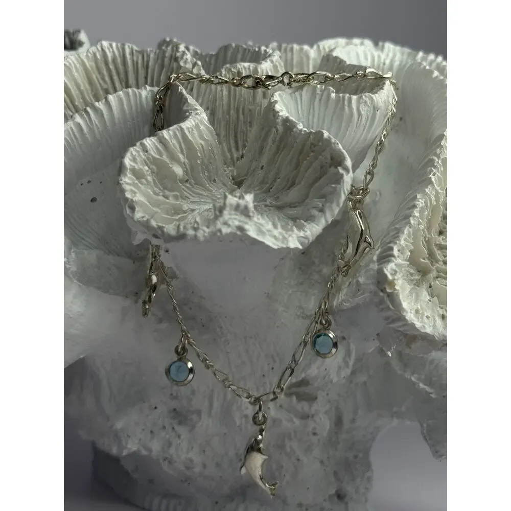 925 Sterling Silver Dolphin Blue Topaz Bracelet Length 7.5
